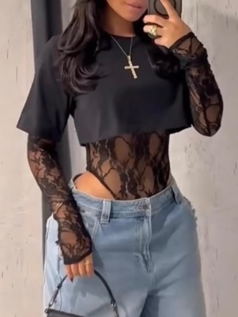 BLACK TWO-PIECE SET LONG SLEEVE FLORAL LACE BODYSUIT NWOT